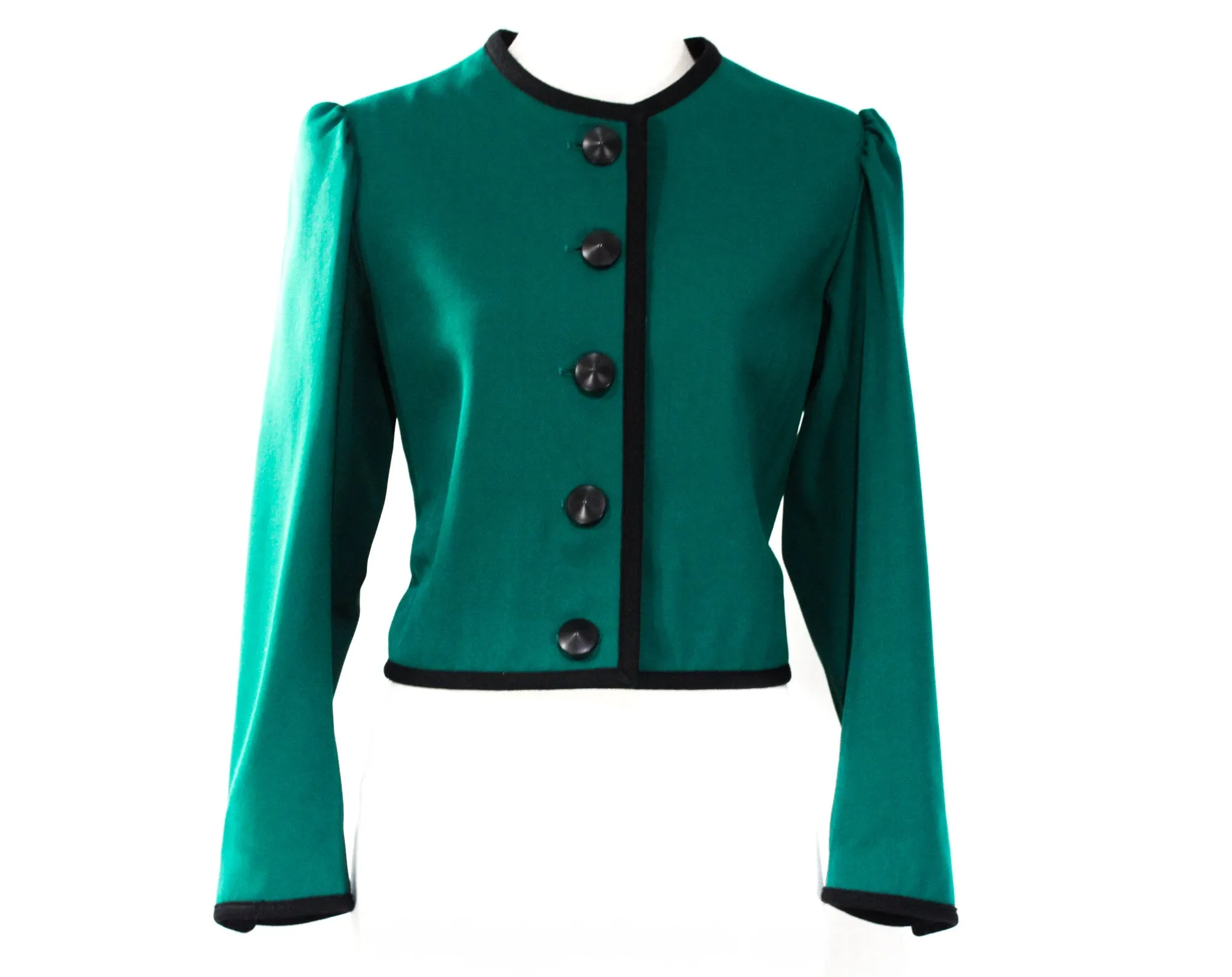 Size 10 YSL Blazer - Emerald Green Wool Gabardine - Medium 1980s Designer Suit Jacket - 80s Yves Saint Laurent - Black Trim - Bust 36.5
