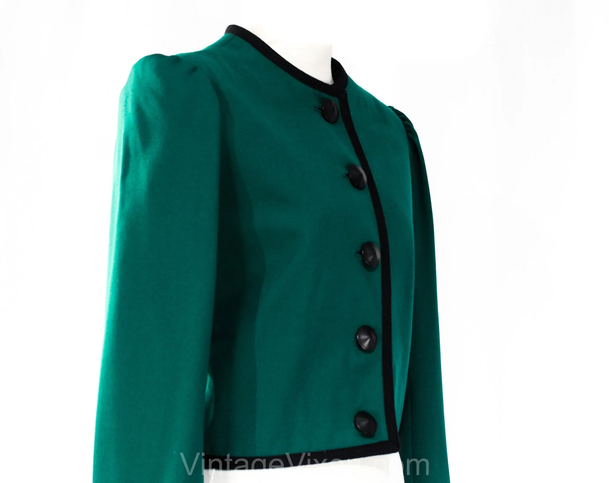 Size 10 YSL Blazer - Emerald Green Wool Gabardine - Medium 1980s Designer Suit Jacket - 80s Yves Saint Laurent - Black Trim - Bust 36.5