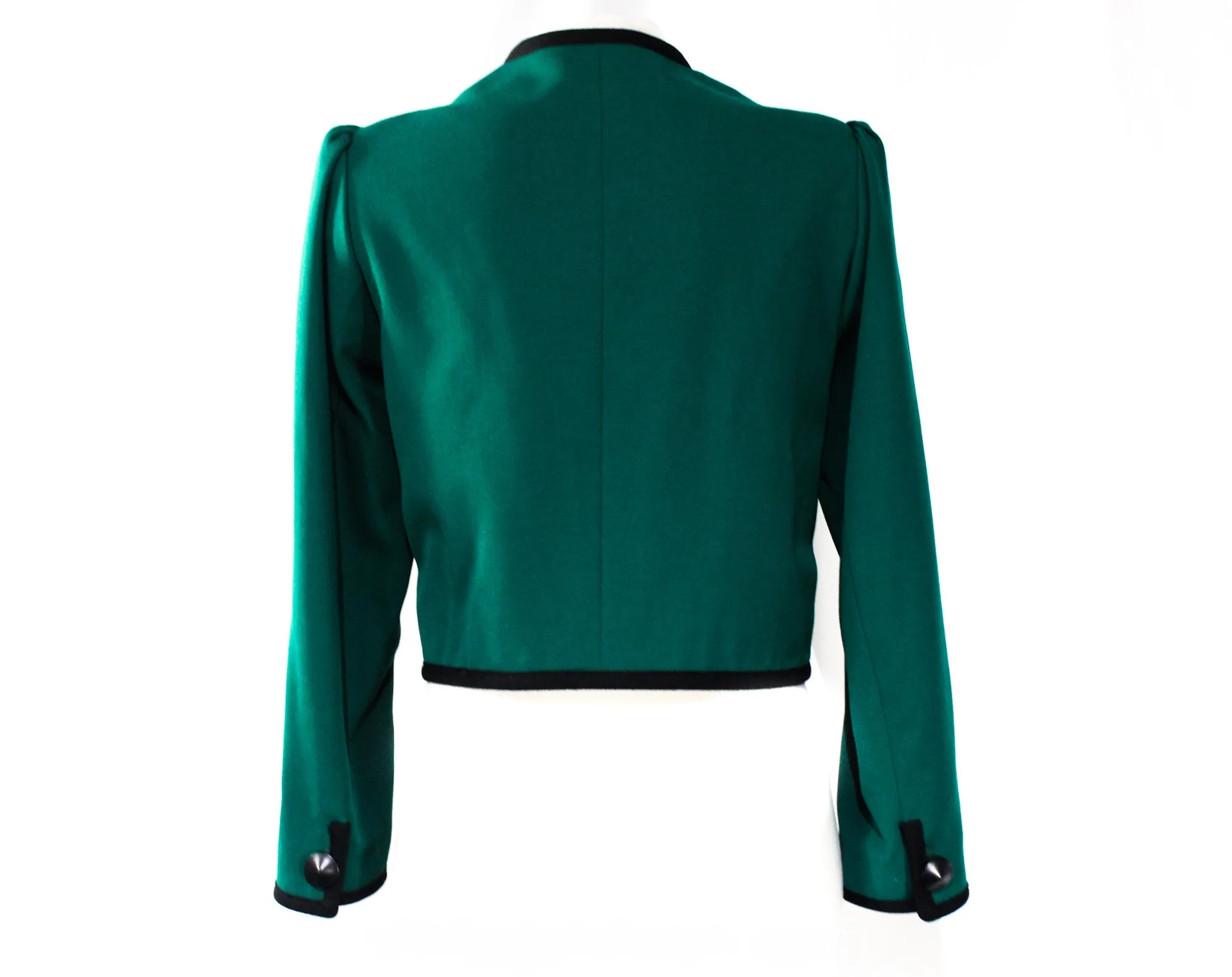Size 10 YSL Blazer - Emerald Green Wool Gabardine - Medium 1980s Designer Suit Jacket - 80s Yves Saint Laurent - Black Trim - Bust 36.5