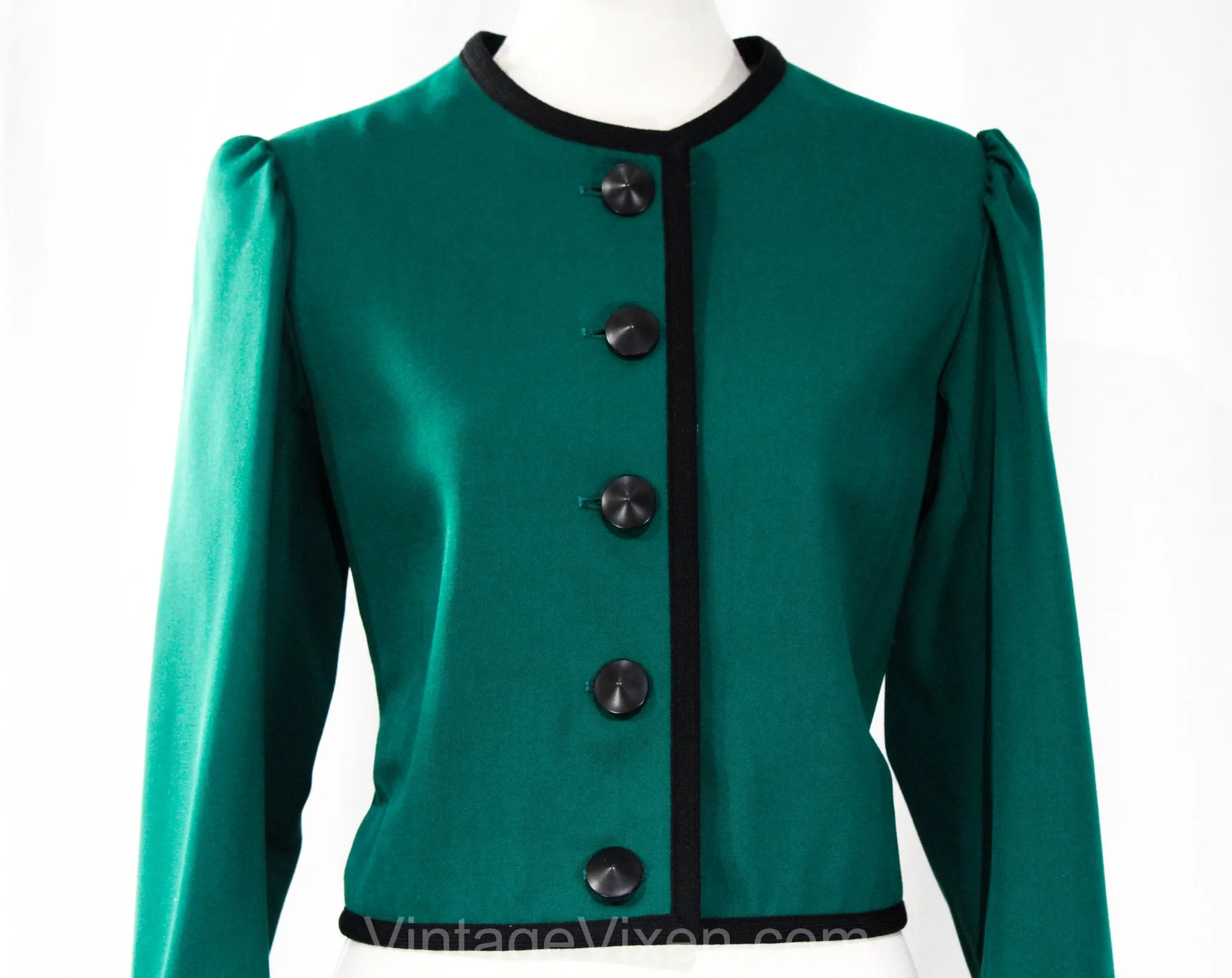 Size 10 YSL Blazer - Emerald Green Wool Gabardine - Medium 1980s Designer Suit Jacket - 80s Yves Saint Laurent - Black Trim - Bust 36.5