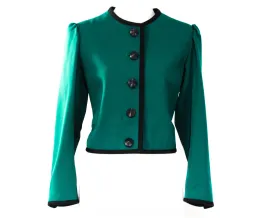 Size 10 YSL Blazer - Emerald Green Wool Gabardine - Medium 1980s Designer Suit Jacket - 80s Yves Saint Laurent - Black Trim - Bust 36.5