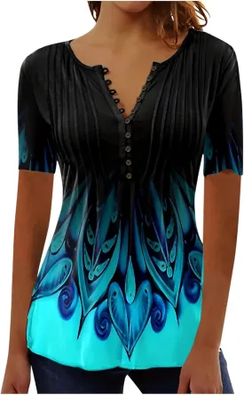 SMIDOW Plus Size Tunic Tops for Women Trendy 2024 Boho Floral Shirts Short Sleeve Notch v Neck t-Shirt Graphic Tees Blouse