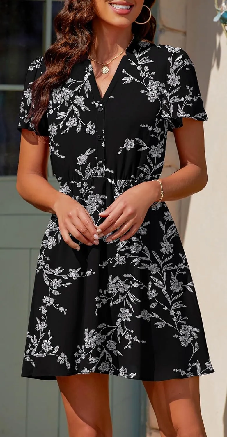 Summer Dresses for Women 2025 Casual V Neck Short Sleeves Floral Chiffon Flowy Sundress