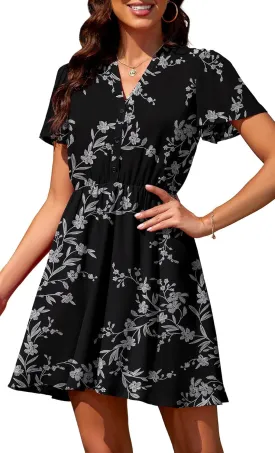 Summer Dresses for Women 2025 Casual V Neck Short Sleeves Floral Chiffon Flowy Sundress