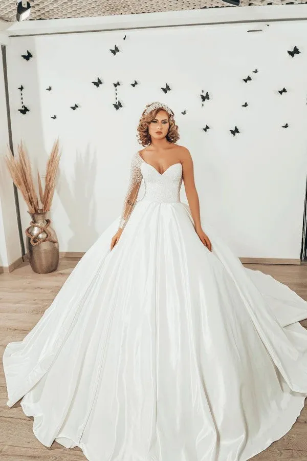 Sweetheart Pearl Floor-Length Ruffle Ball Gown Wedding Dress with Long Sleeves