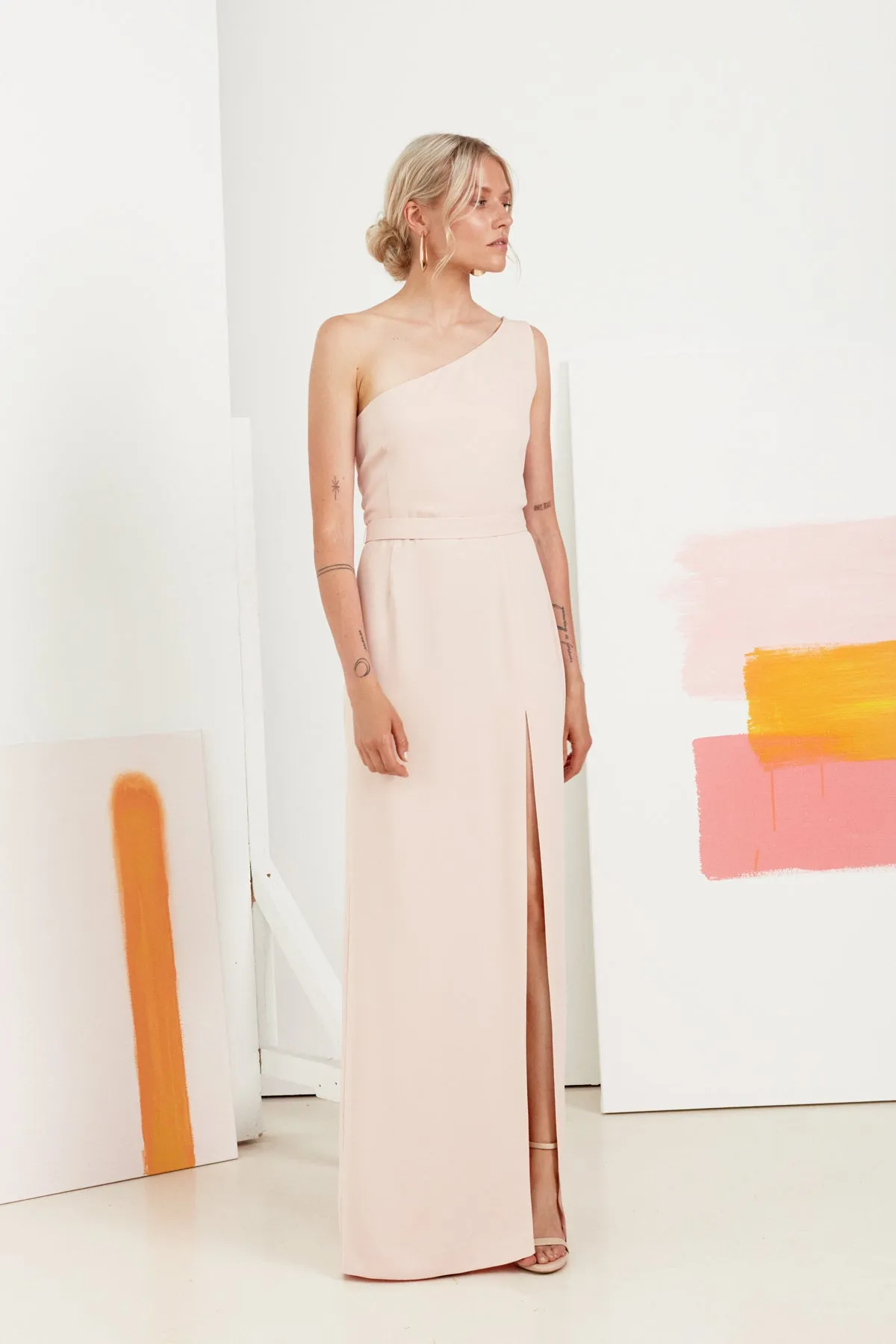 TOSKA pastel pink one shoulder maxi dress
