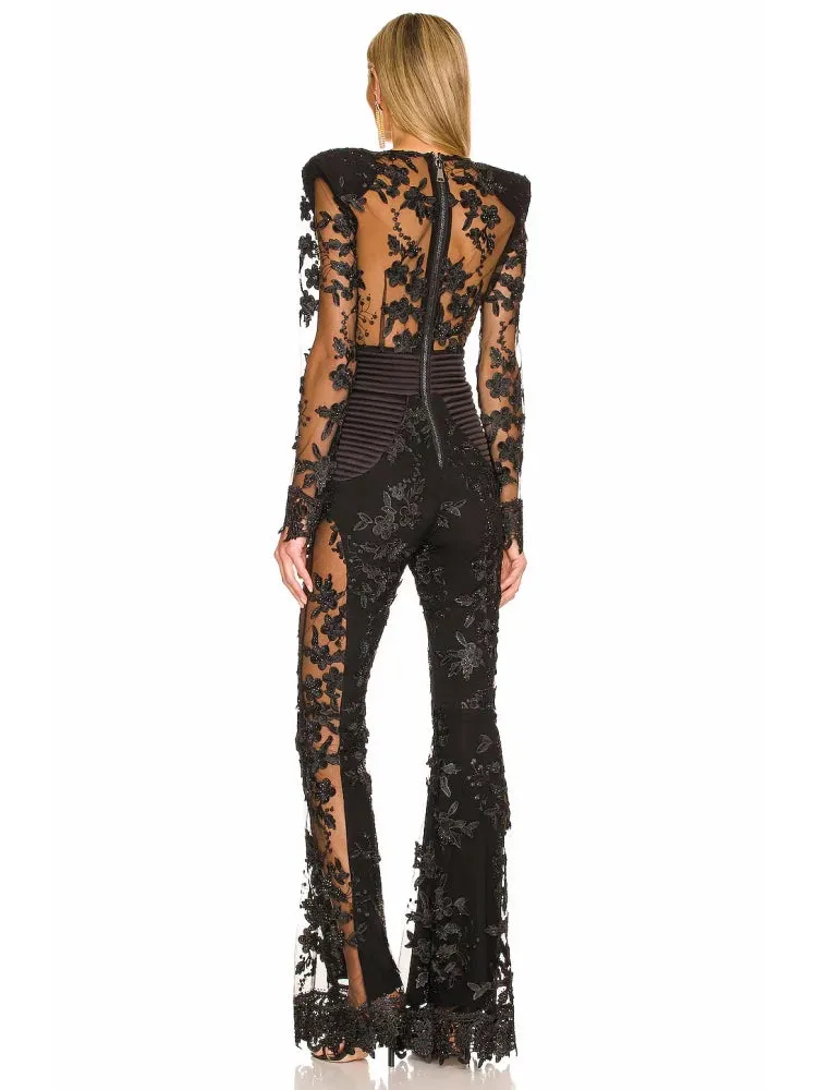 Trend4us Luxe Sheer Floral Embellished Black Jumpsuit