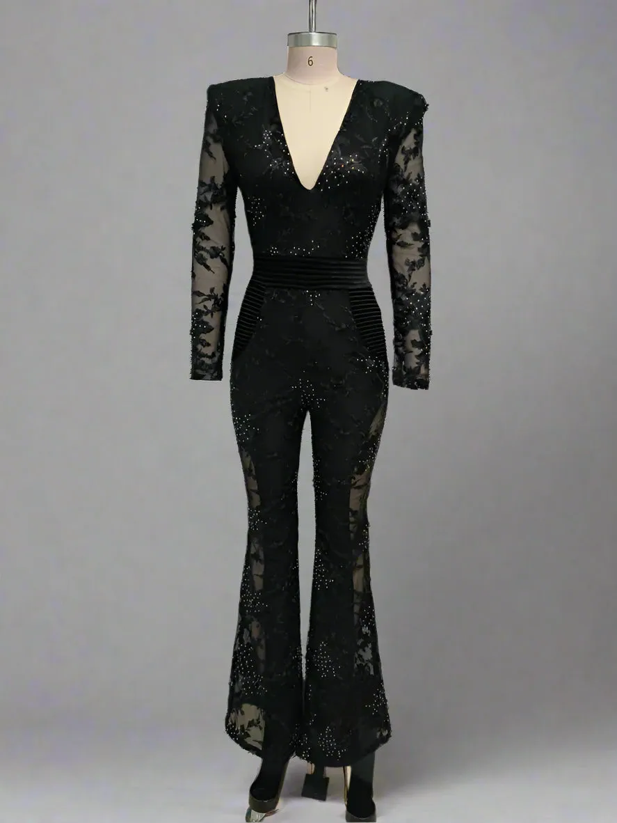 Trend4us Luxe Sheer Floral Embellished Black Jumpsuit