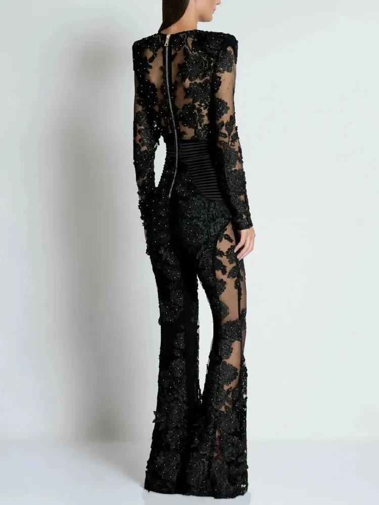 Trend4us Luxe Sheer Floral Embellished Black Jumpsuit