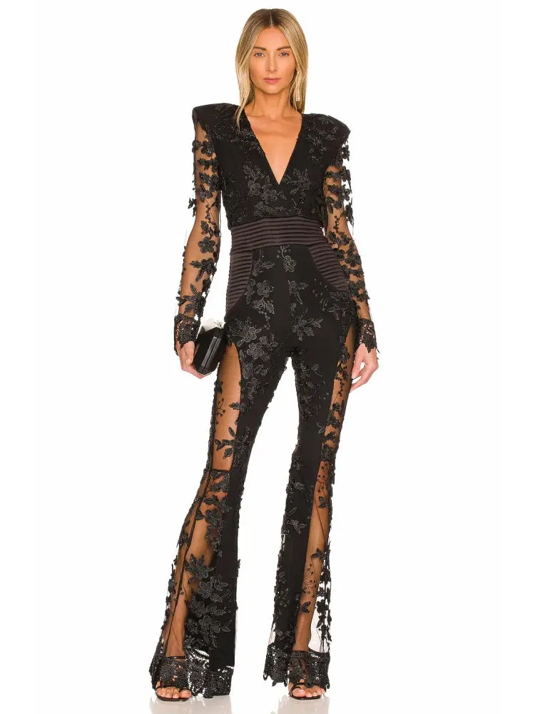 Trend4us Luxe Sheer Floral Embellished Black Jumpsuit