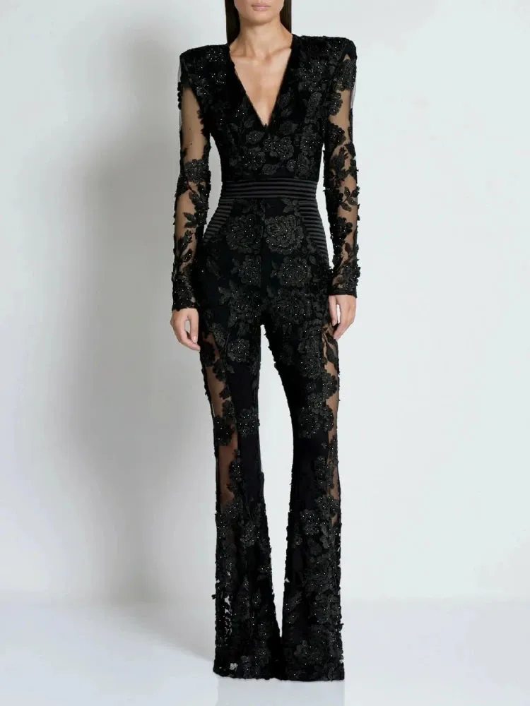 Trend4us Luxe Sheer Floral Embellished Black Jumpsuit