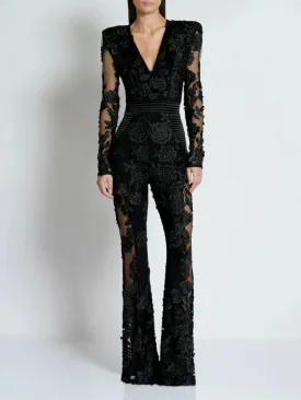Trend4us Luxe Sheer Floral Embellished Black Jumpsuit