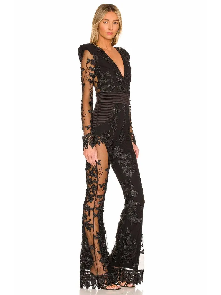Trend4us Luxe Sheer Floral Embellished Black Jumpsuit