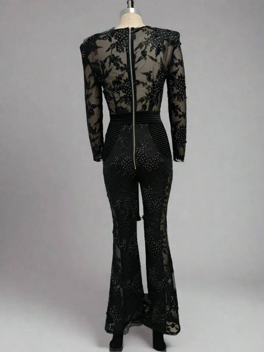 Trend4us Luxe Sheer Floral Embellished Black Jumpsuit