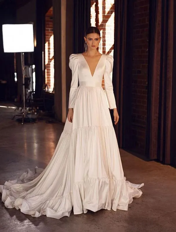 V Neck Illusion Back  A Line Princess Wedding Dress