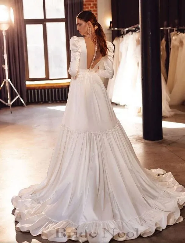 V Neck Illusion Back  A Line Princess Wedding Dress
