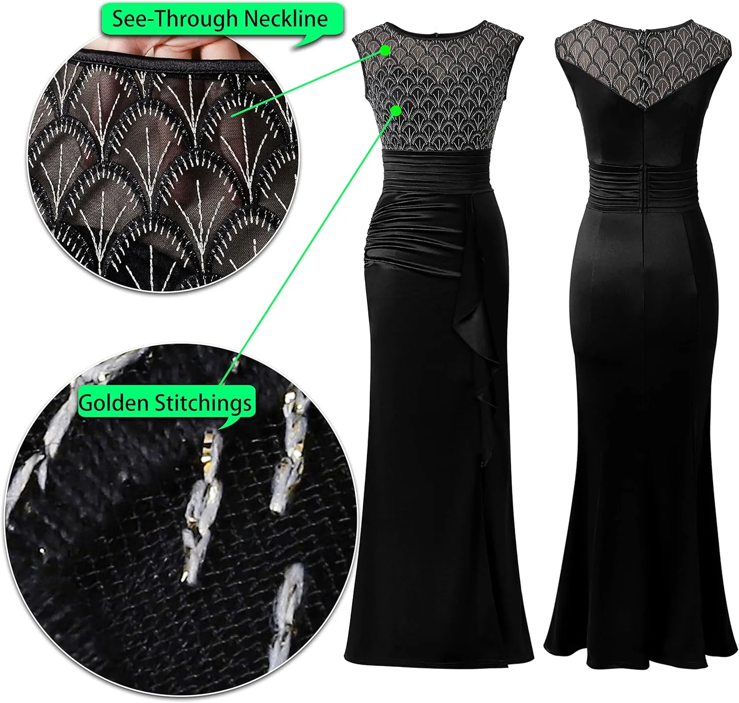 VFSHOW Womens Formal Ruched Ruffles Evening Prom Wedding Party Maxi Dress