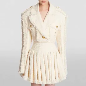 Women Golden Buttons Cream Tweed Tassel Crop Jacket   Pleated Skirt Suit, Office Suit, Wedding Suit