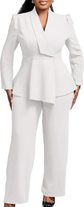 Women Suit Jacket 2 Piece Ruffle Blazer with Wide Leg Pants Suit Long Sleeve Business Casual Outfits