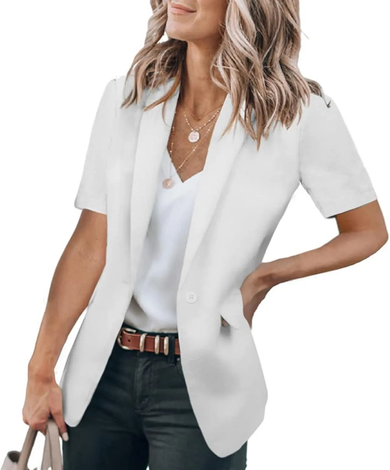 Womens Casual Blazers Work Office Suit Jackets Open Front Short Sleeve Suit Lapel Jacket Blazer with Pockets