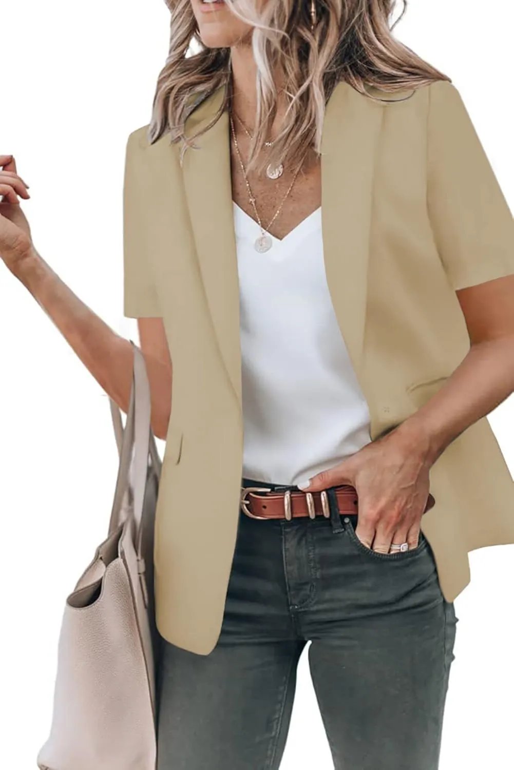 Womens Casual Blazers Work Office Suit Jackets Open Front Short Sleeve Suit Lapel Jacket Blazer with Pockets