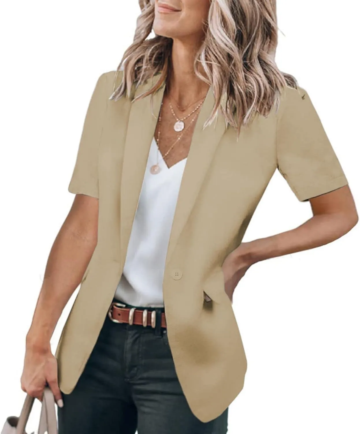 Womens Casual Blazers Work Office Suit Jackets Open Front Short Sleeve Suit Lapel Jacket Blazer with Pockets