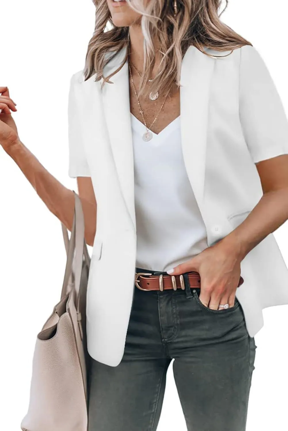 Womens Casual Blazers Work Office Suit Jackets Open Front Short Sleeve Suit Lapel Jacket Blazer with Pockets