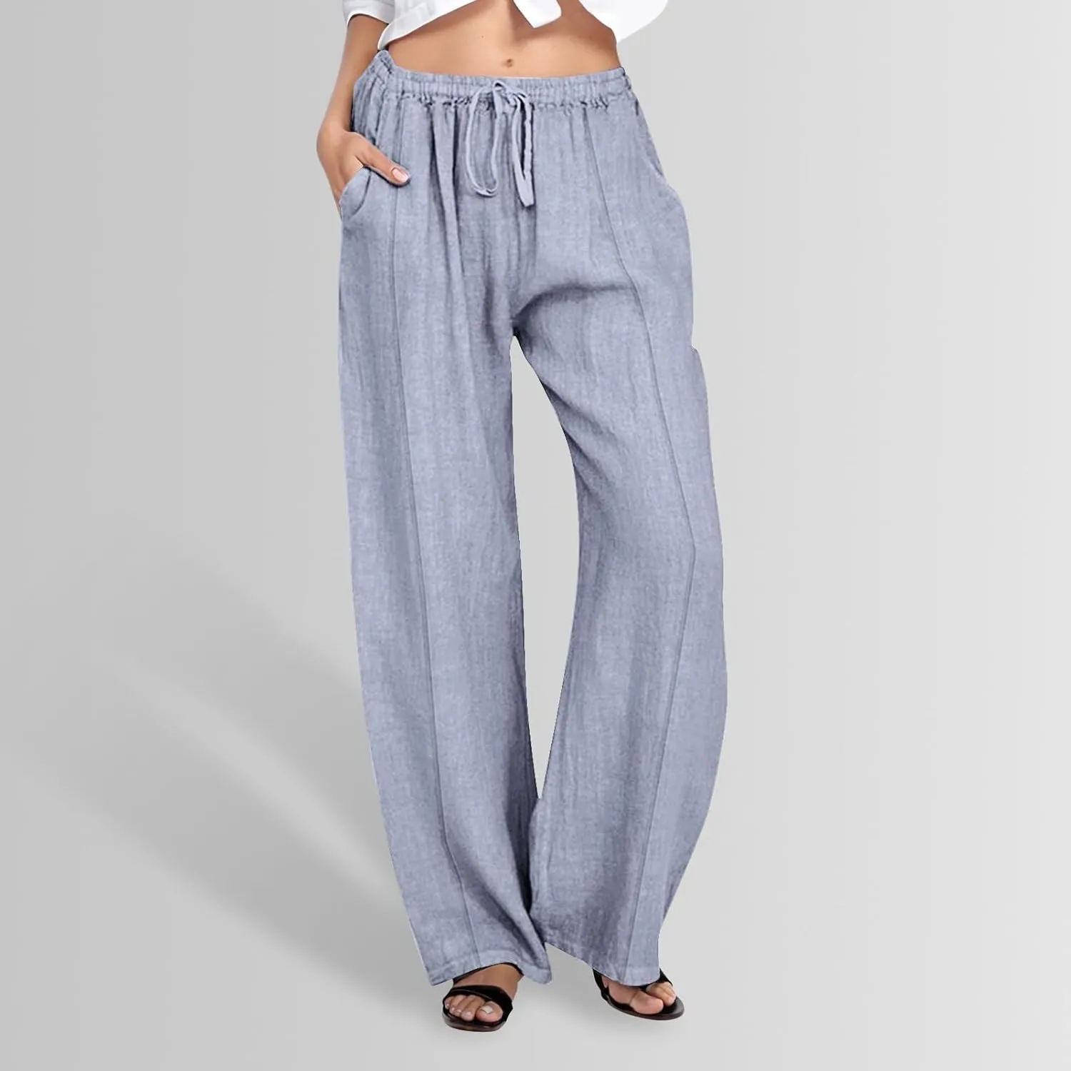 Womens Casual Cotton Linen Pants Elastic Waist Wide Leg Palazzo Pants Summer Drawstring Casual Loose Yoga Trousers