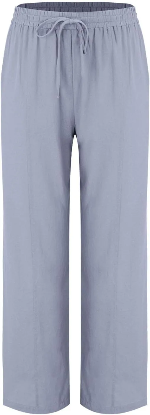Womens Casual Cotton Linen Pants Elastic Waist Wide Leg Palazzo Pants Summer Drawstring Casual Loose Yoga Trousers