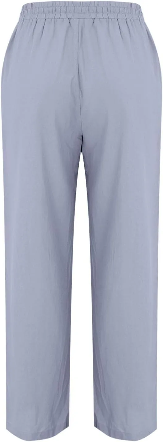 Womens Casual Cotton Linen Pants Elastic Waist Wide Leg Palazzo Pants Summer Drawstring Casual Loose Yoga Trousers