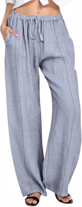 Womens Casual Cotton Linen Pants Elastic Waist Wide Leg Palazzo Pants Summer Drawstring Casual Loose Yoga Trousers