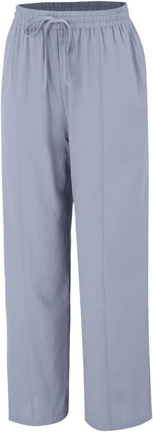 Womens Casual Cotton Linen Pants Elastic Waist Wide Leg Palazzo Pants Summer Drawstring Casual Loose Yoga Trousers