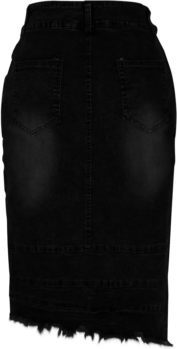 Women's Casual High Waisted Denim Skirts Stretch Knee Length Slim Fit Pencil Jean Skirt Wrap Bodycon Dress