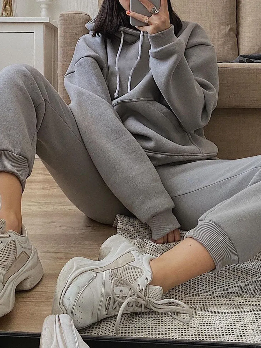 Women'S Casual Solid Color Hooded Sports Loose Two-Piece Suit