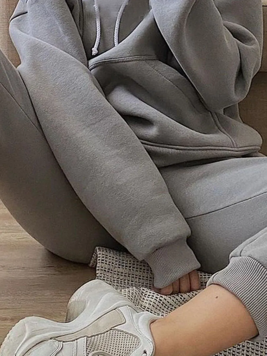 Women'S Casual Solid Color Hooded Sports Loose Two-Piece Suit