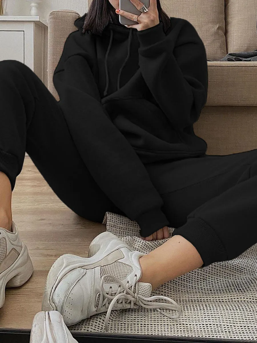 Women'S Casual Solid Color Hooded Sports Loose Two-Piece Suit