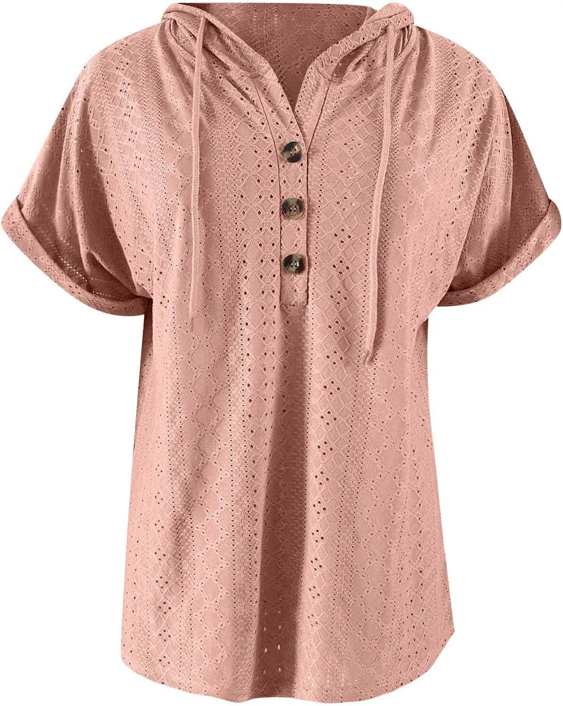 Women's Casual Summer Tops Short Sleeve Drawstring Hoodies Button V Neck T-Shirts Loose Fit Pullover Hooded Blouse