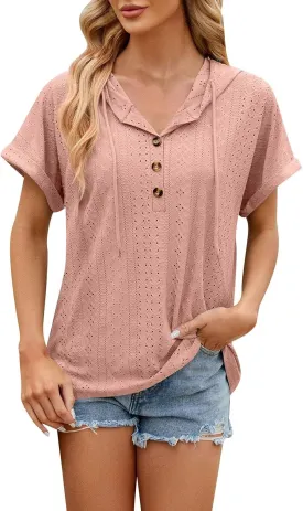 Women's Casual Summer Tops Short Sleeve Drawstring Hoodies Button V Neck T-Shirts Loose Fit Pullover Hooded Blouse