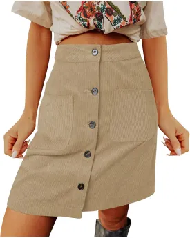 Womens Corduroy Skirts Fall Winter Casual High Waist Button Down Front Solid Color A-line Short Skirt with Pockets