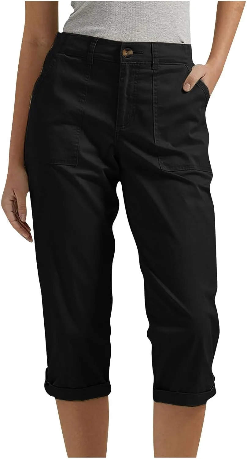 Women's Cropped Cargo Pants Summer Casual Elastic Waist Lightweight Stretch Rolled Hem Capris with Pockets