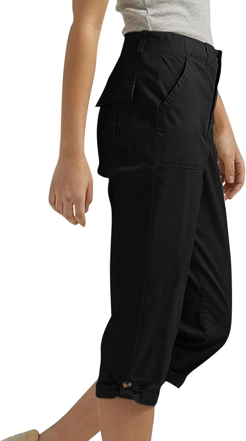 Women's Cropped Cargo Pants Summer Casual Elastic Waist Lightweight Stretch Rolled Hem Capris with Pockets