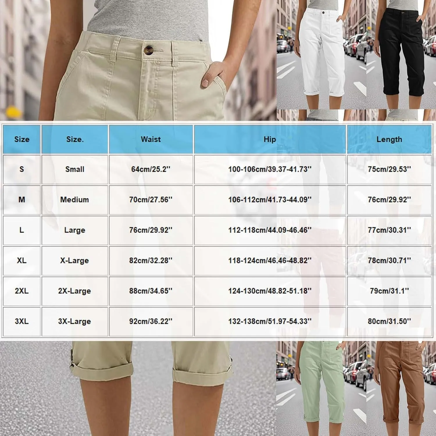 Women's Cropped Cargo Pants Summer Casual Elastic Waist Lightweight Stretch Rolled Hem Capris with Pockets