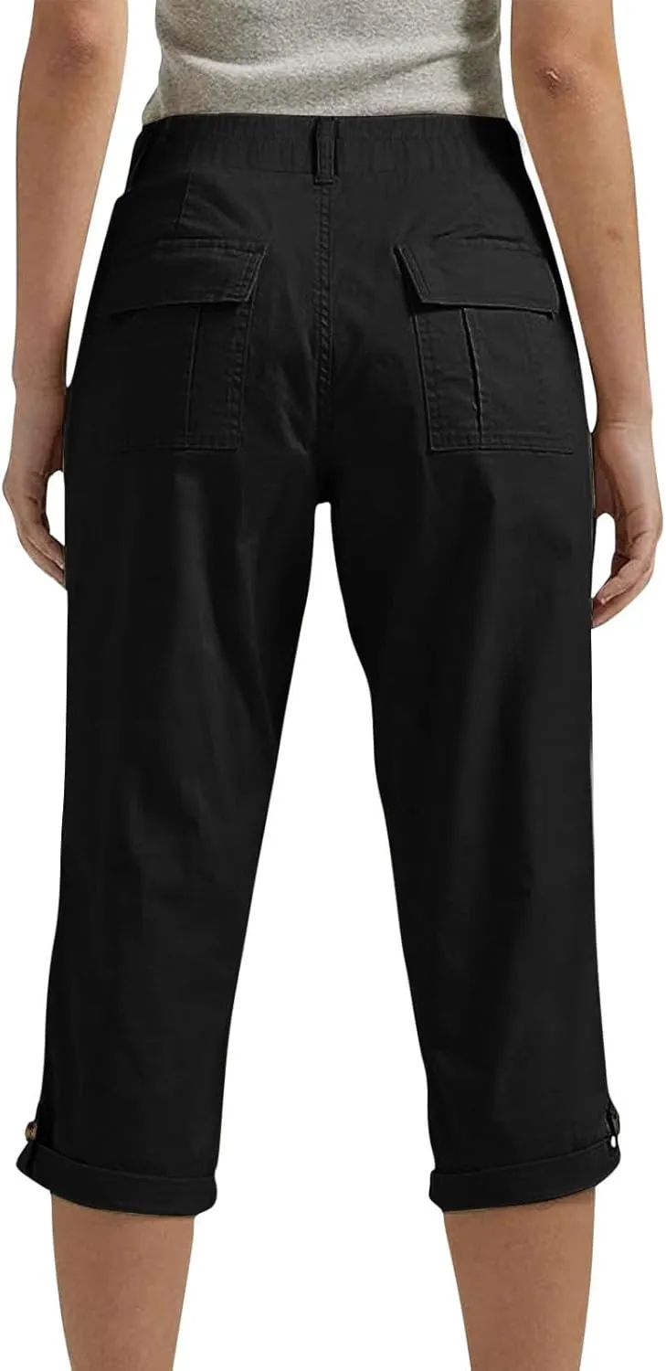 Women's Cropped Cargo Pants Summer Casual Elastic Waist Lightweight Stretch Rolled Hem Capris with Pockets