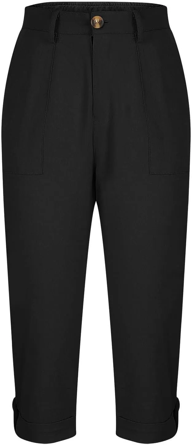 Women's Cropped Cargo Pants Summer Casual Elastic Waist Lightweight Stretch Rolled Hem Capris with Pockets