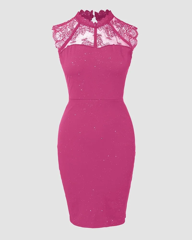 Womens Glitter Contrast Lace Bodycon Dress Sleeveless Slit Cocktail Evening Party Club Mini Dresses
