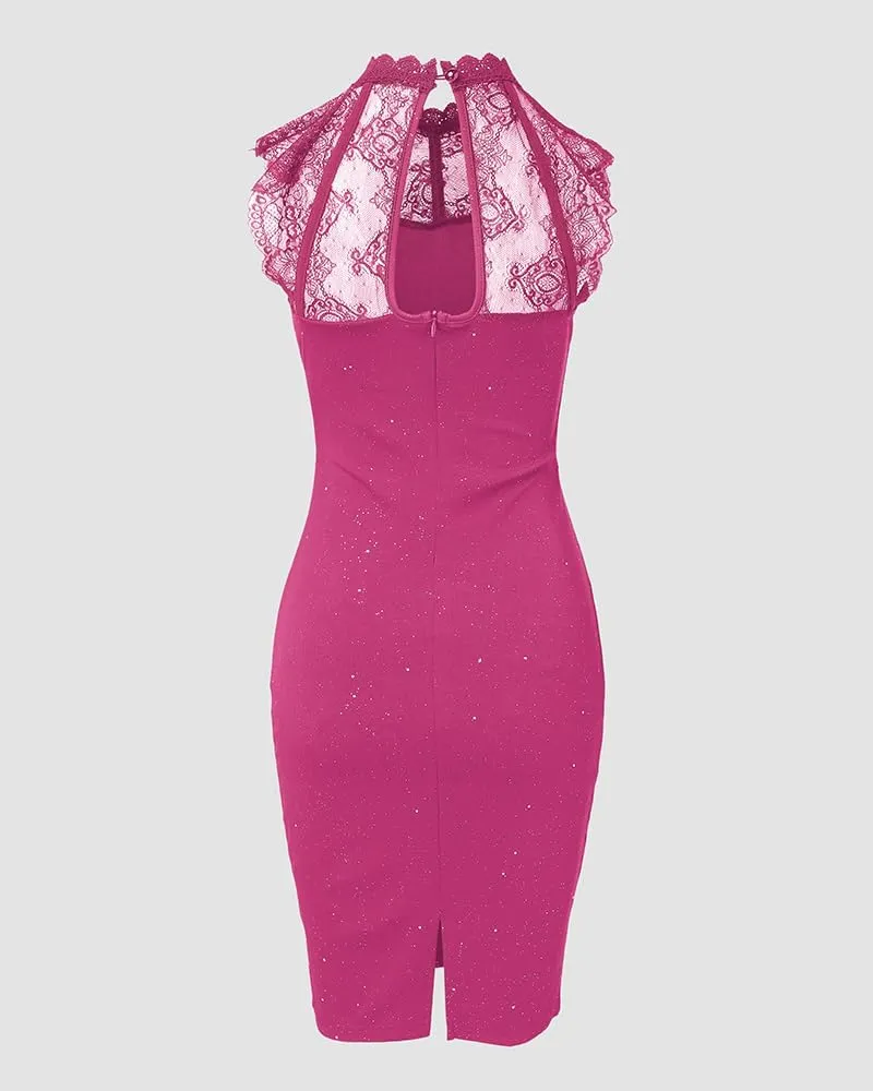 Womens Glitter Contrast Lace Bodycon Dress Sleeveless Slit Cocktail Evening Party Club Mini Dresses