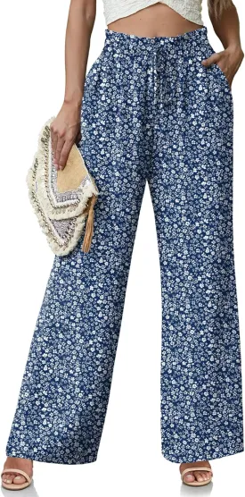 Women's High Waisted Wide Leg Pants Flowy Palazzo Pants Work Casual Tie Knot Pants with Pockets