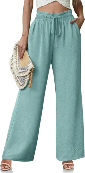 Women's High Waisted Wide Leg Pants Flowy Palazzo Pants Work Casual Tie Knot Pants with Pockets