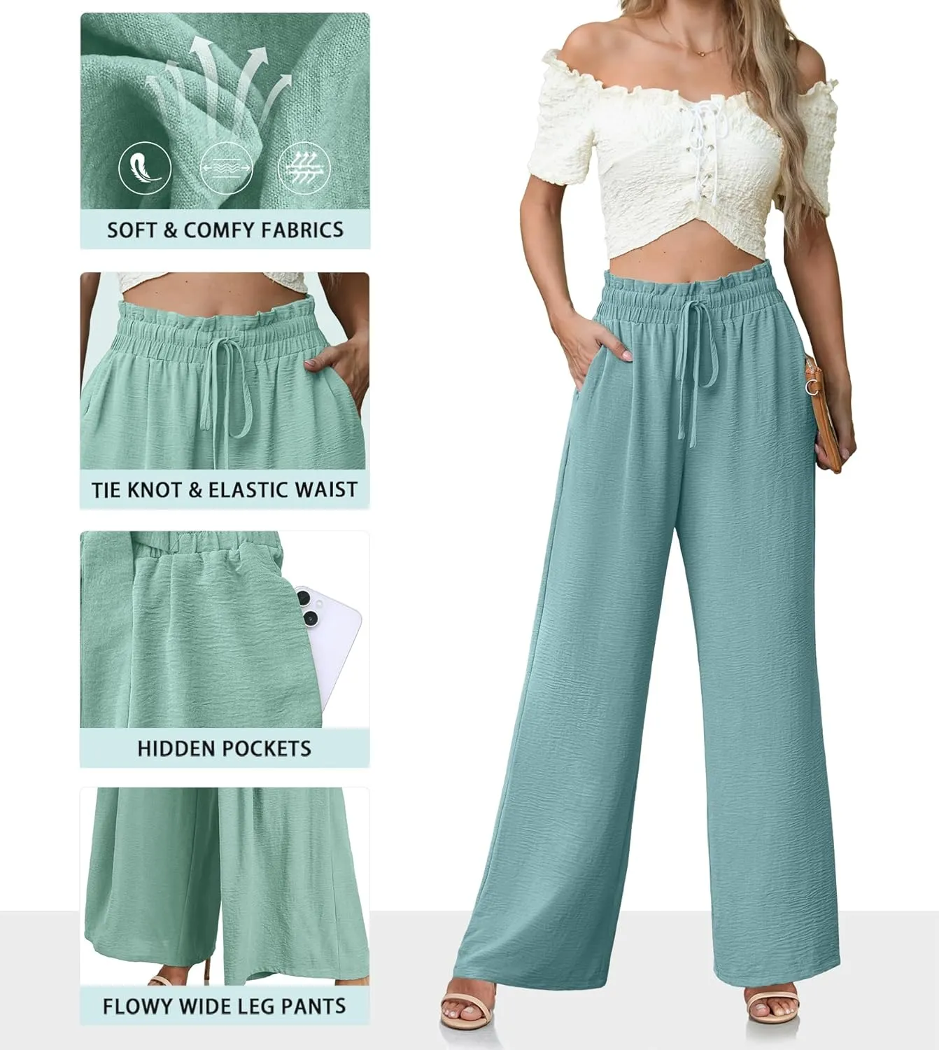Women's High Waisted Wide Leg Pants Flowy Palazzo Pants Work Casual Tie Knot Pants with Pockets