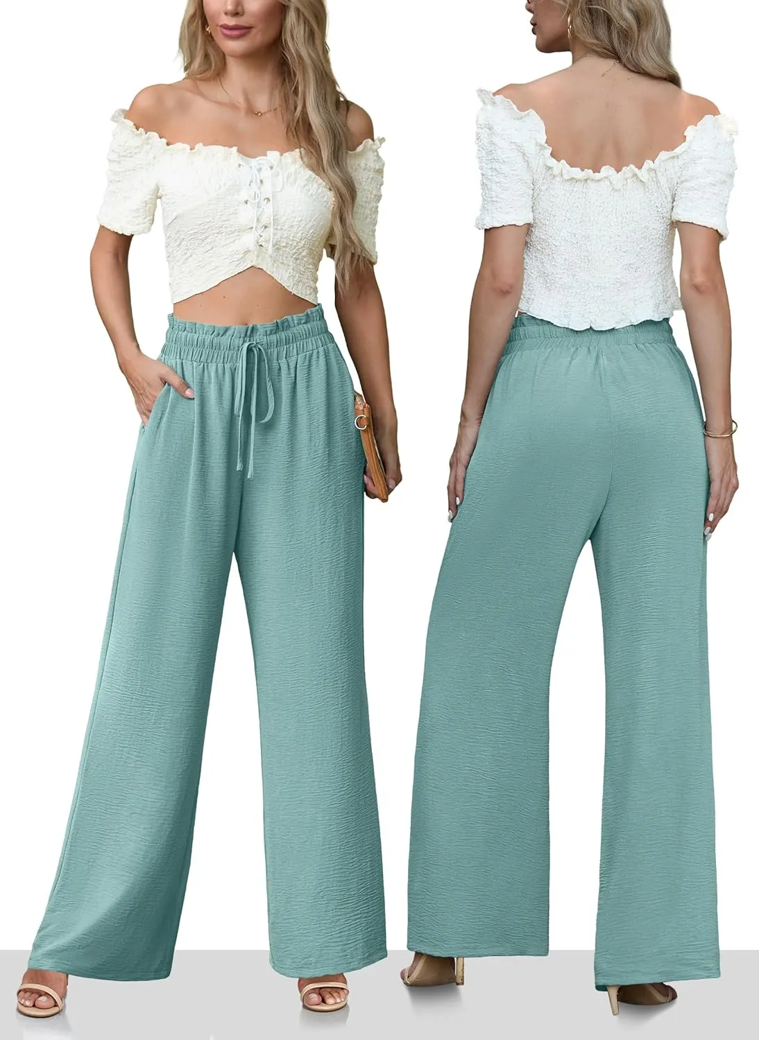 Women's High Waisted Wide Leg Pants Flowy Palazzo Pants Work Casual Tie Knot Pants with Pockets